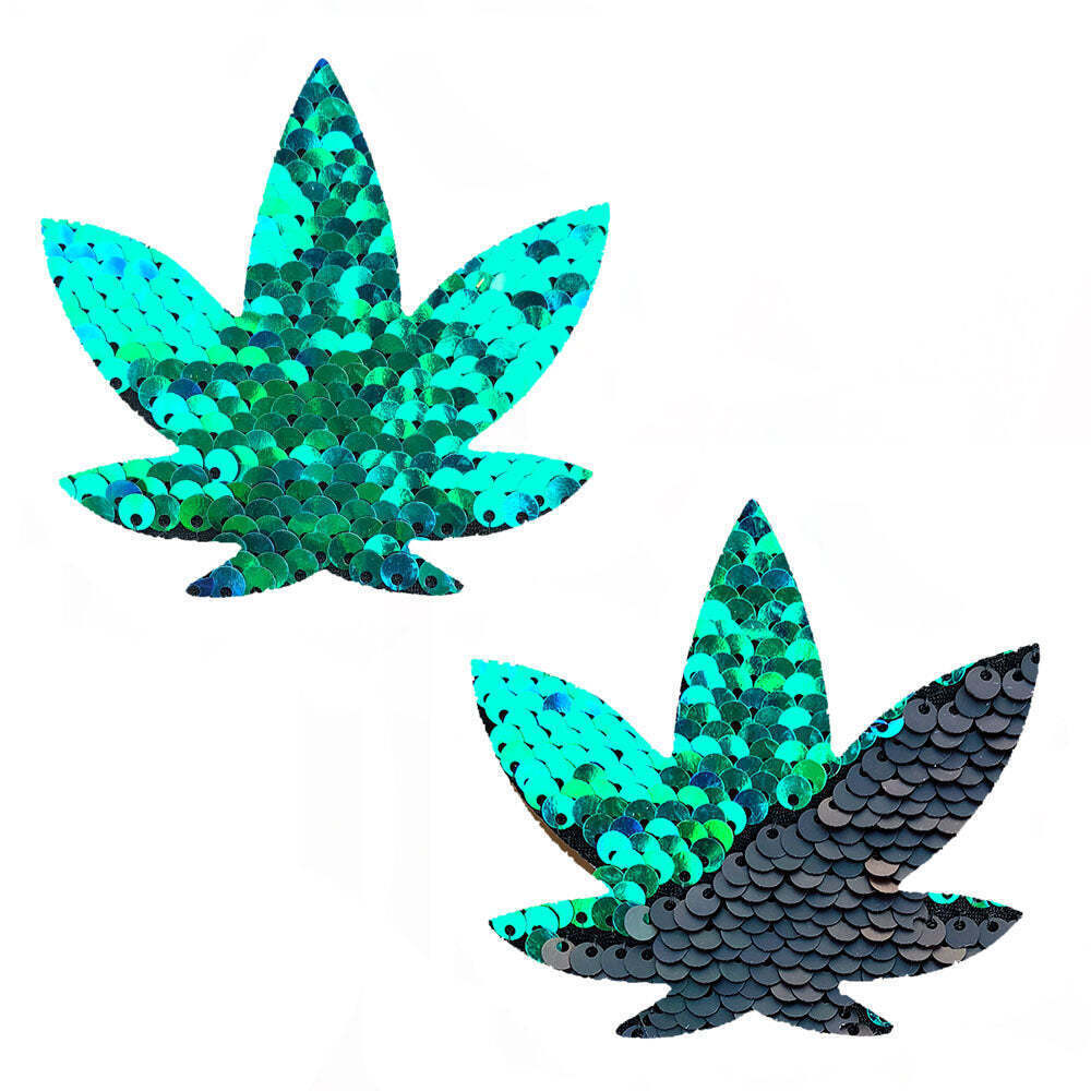 Neva Nude - Ariel - Green to Black Flip Sequin Gold Dope Af Weed Leaf Pasties